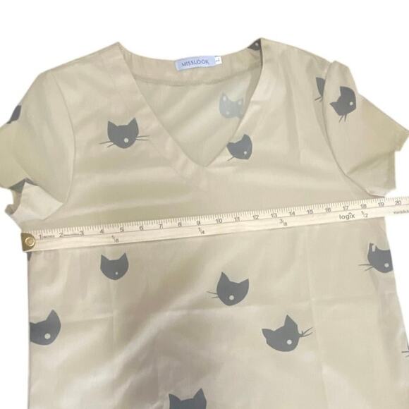 Misslook Cat Print Dress Beige Short Sleeve V-Neck Size L - Picture 3 of 4